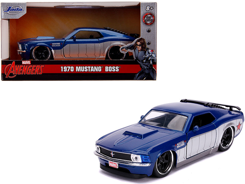 1970 Ford Mustang Boss Blue Metallic and Silver "Winter Soldier" "Avengers" "Marvel" Series 1/32 Diecast Model Car by Jada-DiecastModeler.com
