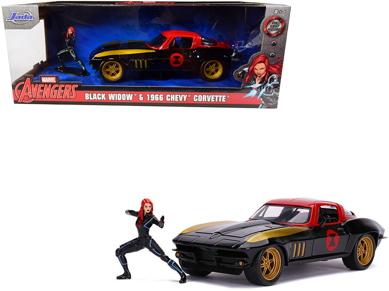 1966 Chevrolet Corvette with Black Widow Diecast Figurine "Avengers" "Marvel" Series 1/24 Diecast Model Car by Jada-DiecastModeler.com