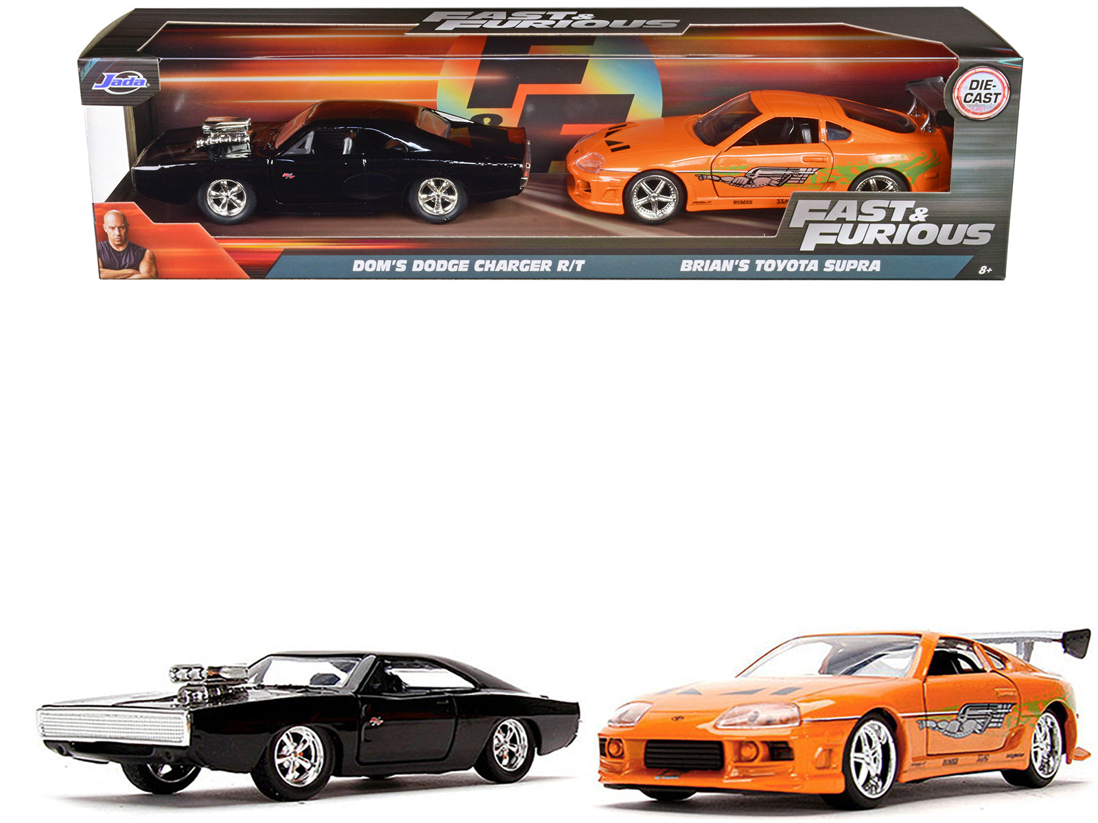 Dom's Dodge Charger R/T Black and Brian's Toyota Supra Orange Set of 2 pieces "Fast & Furious" Series 1/32 Diecast Model Cars by Jada-DiecastModeler.com