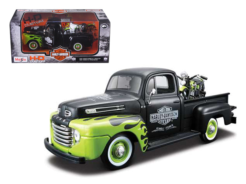 1948 Ford F-1 Pickup Truck "Harley Davidson" with 1948 Harley Davidson FL Panhead Motorcycle Black and Green 1/24 Diecast Models by Maisto-DiecastModeler.com