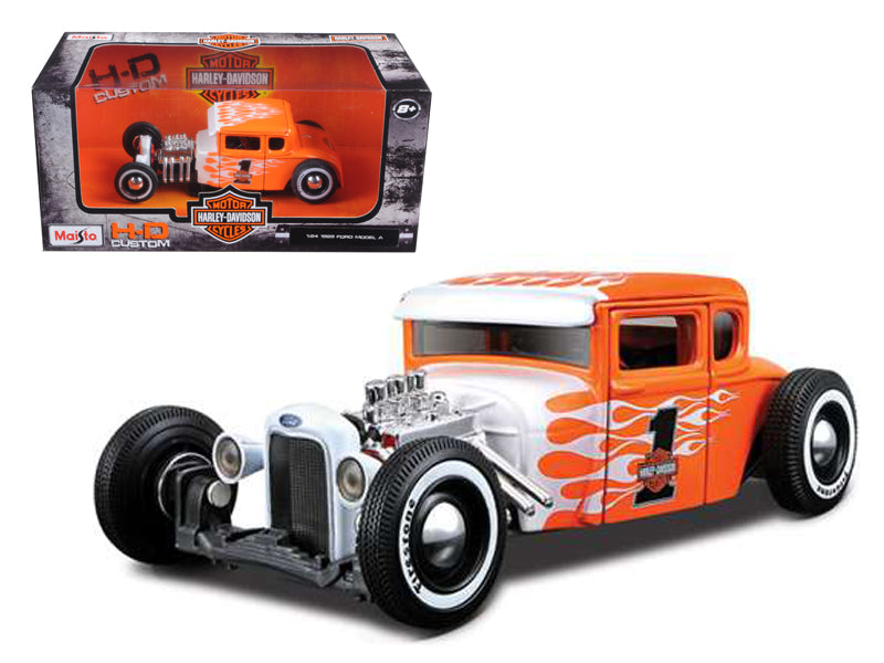 1929 Ford Model A #1 "Harley Davidson" Orange with White Flames 1/24 Diecast Model Car by Maisto-DiecastModeler.com