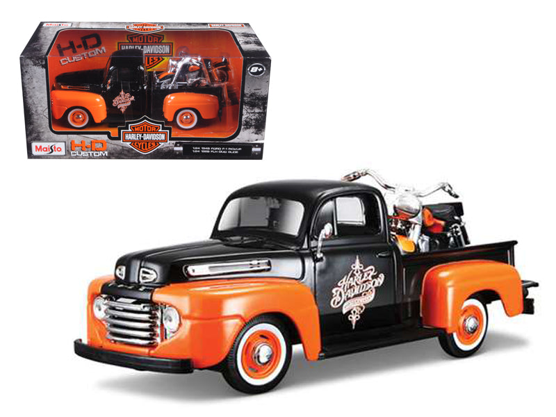 1948 Ford F-1 Pickup Truck with 1958 Harley Davidson FLH Duo Glide Motorcycle Orange and Black 1/24 Diecast Models by Maisto-DiecastModeler.com