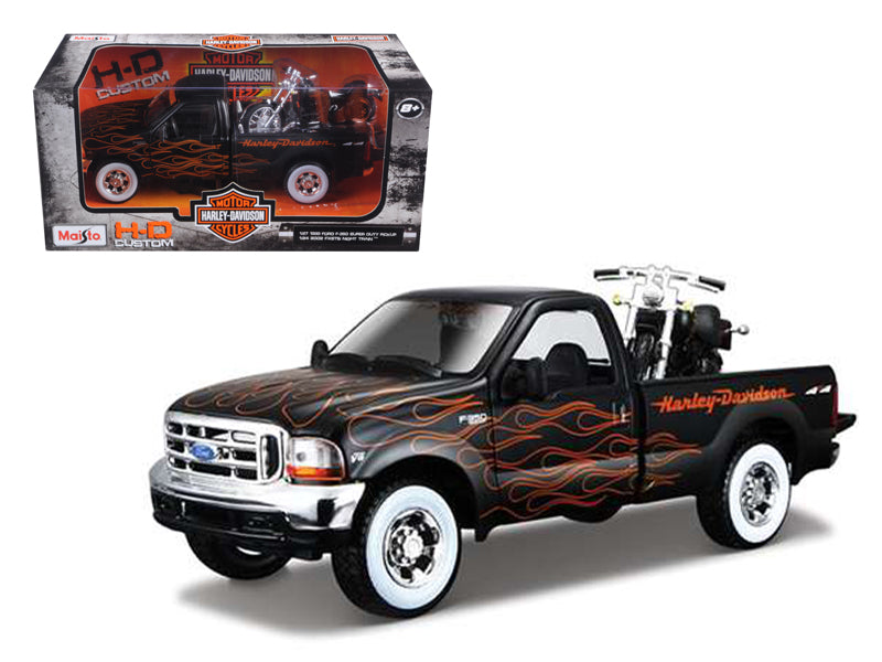 1999 Ford F-350 Super Duty Pickup Black with Flames 1/27 & 2002 Harley Davidson FLSTB Motorcycle Night Train 1/24 Diecast Models by Maisto-DiecastModeler.com