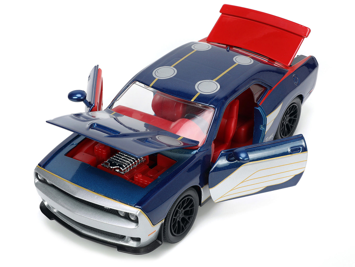 2015 Dodge Challenger SRT Hellcat Dark Blue with Graphics and Red Interior and Thor Diecast Figure "The Mighty Thor" "Marvel" Series 1/24 Diecast Model Car by Jada-DiecastModeler.com