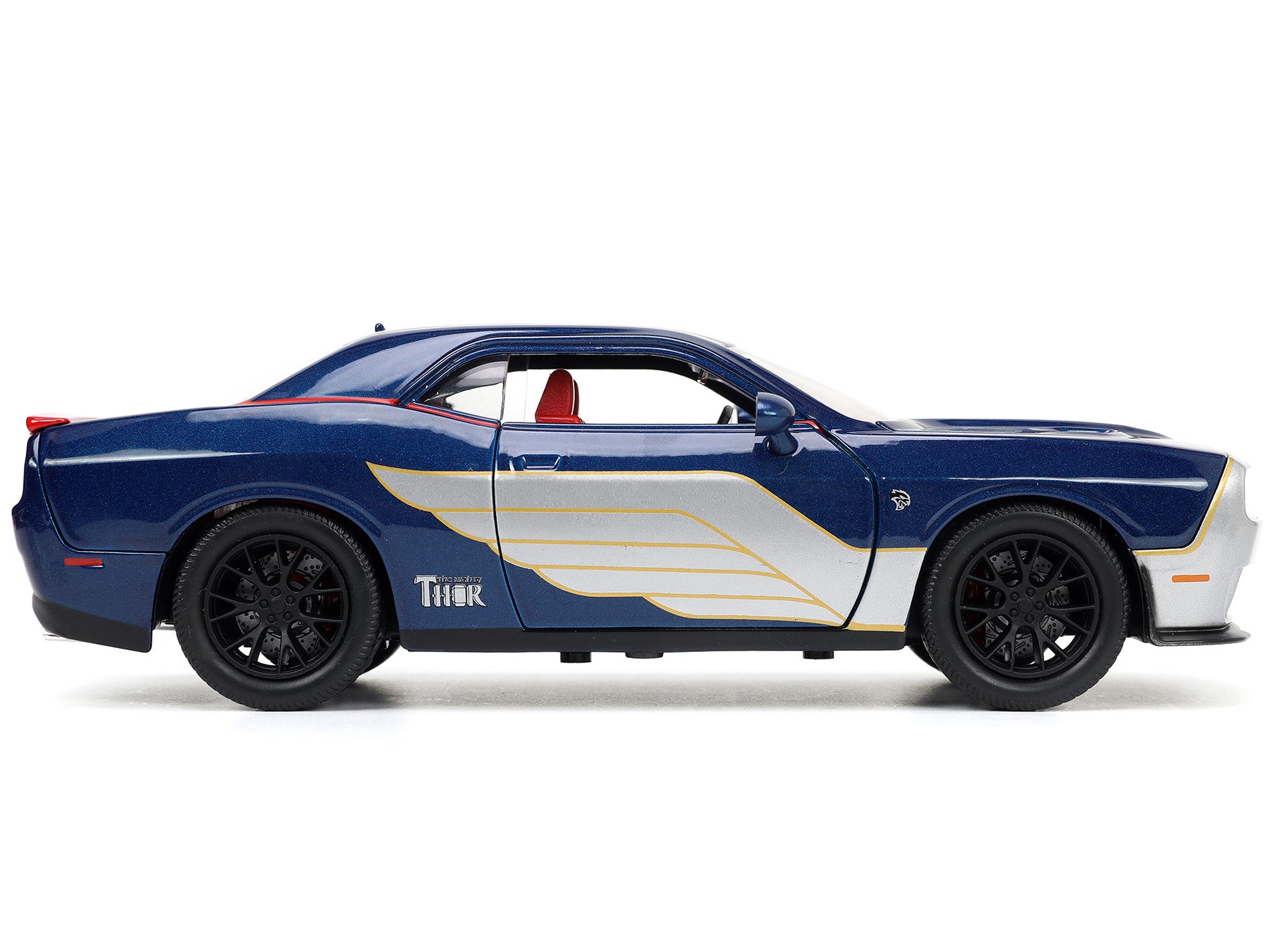 2015 Dodge Challenger SRT Hellcat Dark Blue with Graphics and Red Interior and Thor Diecast Figure "The Mighty Thor" "Marvel" Series 1/24 Diecast Model Car by Jada-DiecastModeler.com