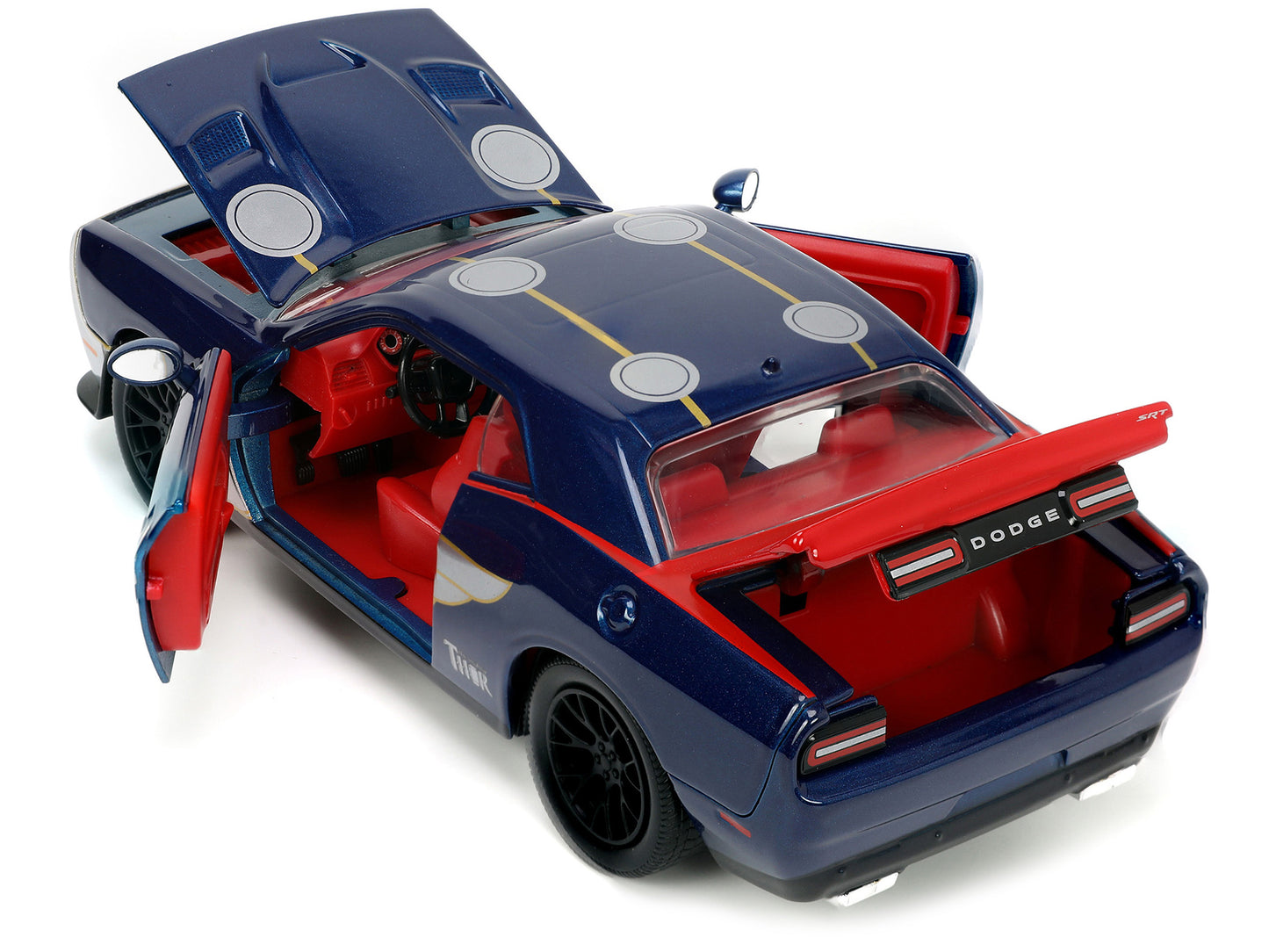 2015 Dodge Challenger SRT Hellcat Dark Blue with Graphics and Red Interior and Thor Diecast Figure "The Mighty Thor" "Marvel" Series 1/24 Diecast Model Car by Jada-DiecastModeler.com