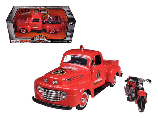 1948 Ford F-1 Pickup Truck "Harley Davidson" Fire Truck and 1936 El Knucklehead Motorcycle 1/24 Diecast Models by Maisto-DiecastModeler.com
