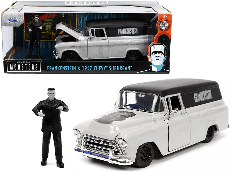 1957 Chevrolet Suburban Gray and Black with Graphics and Frankenstein Diecast Figurine "Universal Monsters" "Hollywood Rides" Series 1/24 Diecast Model Car by Jada-DiecastModeler.com