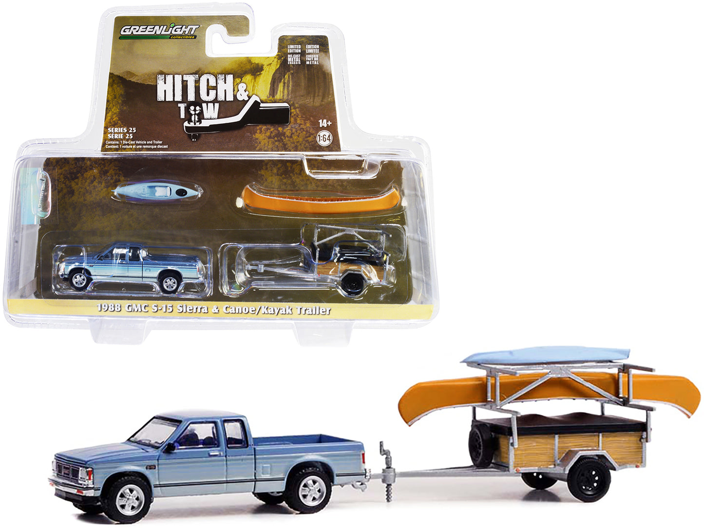 1988 GMC S-15 Sierra Pickup Truck Blue Metallic and White with Stripes and Canoe Trailer and Canoe Rack with Canoe and Kayak "Hitch & Tow" Series 25 1/64 Diecast Model Car by Greenlight-DiecastModeler.com