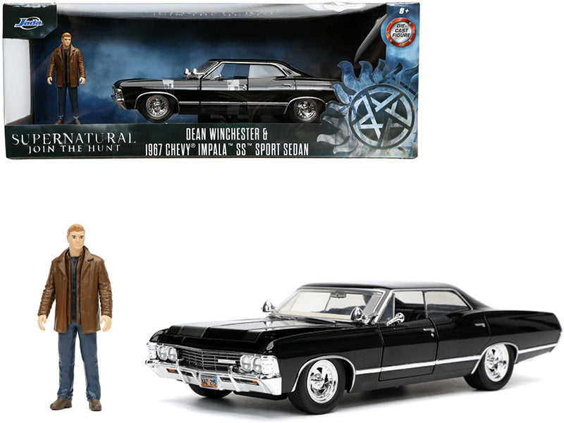 1967 Chevrolet Impala SS Sport Sedan Black and Dean Winchester Diecast Figurine "Supernatural" (2005-2020) TV Series "Hollywood Rides" Series 1/24 Diecast Model Car by Jada-DiecastModeler.com