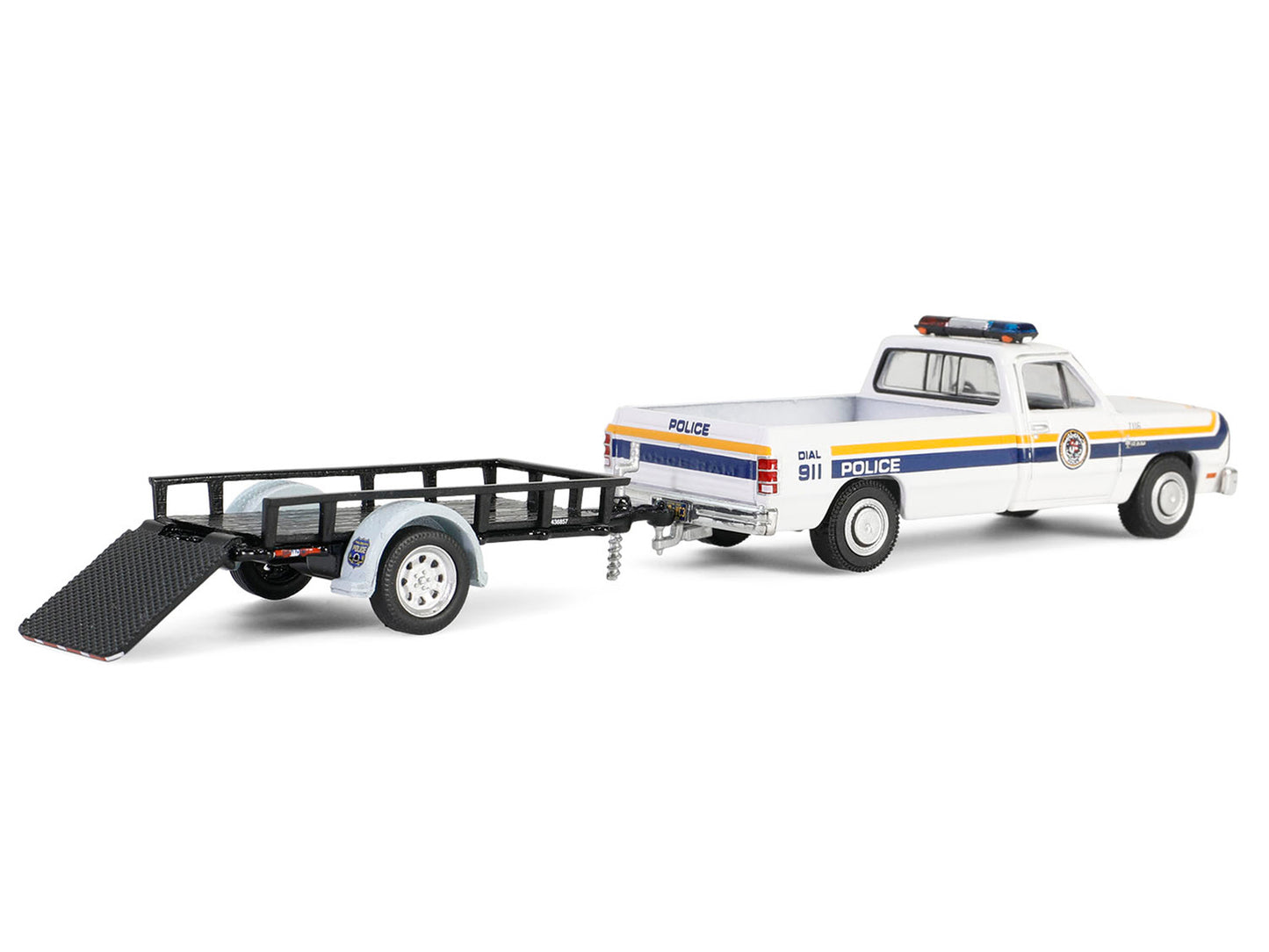 1990 Dodge Ram D250 Pickup Truck "Philadelphia PA Police Department" White with Stripes and Utility Trailer "Hot Pursuit Hitch & Tow" Series 1 1/64 Diecast Model Cars by Greenlight