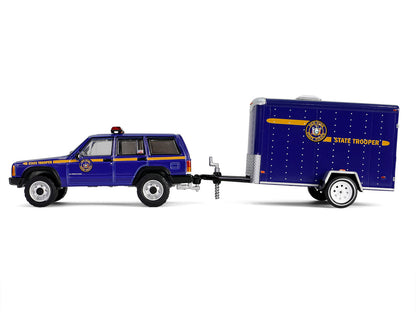 2001 Jeep Cherokee "New York State Police" Blue with Yellow Stripes and Small Cargo Trailer "Hot Pursuit Hitch & Tow" Series 1 1/64 Diecast Model Cars by Greenlight