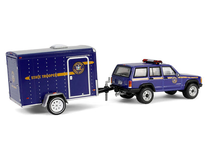 2001 Jeep Cherokee "New York State Police" Blue with Yellow Stripes and Small Cargo Trailer "Hot Pursuit Hitch & Tow" Series 1 1/64 Diecast Model Cars by Greenlight