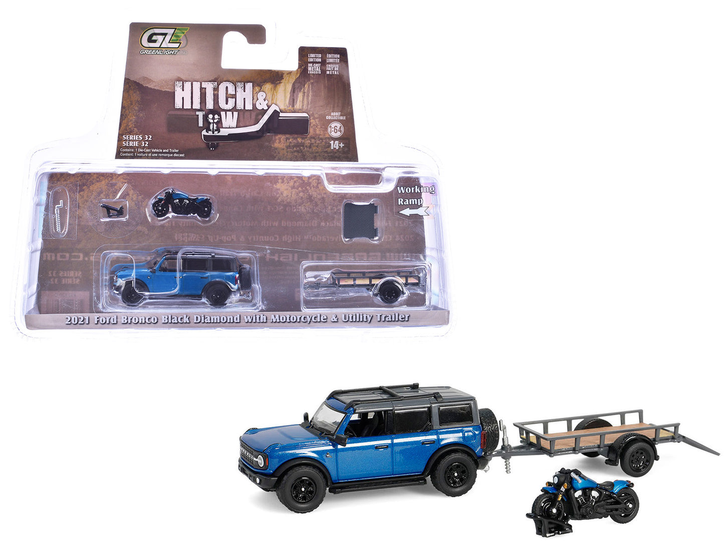 2021 Ford Bronco Black Diamond Velocity Blue Metallic with Black Top with Utility Trailer and Motorcycle "Hitch & Tow" Series 32 1/64 Diecast Model Cars by Greenlight