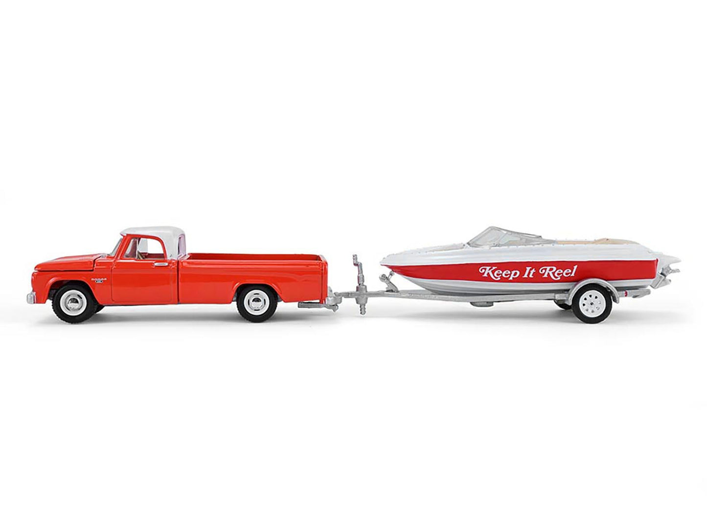 1967 Dodge D-100 Pickup Truck Red with White Top with Boat and Trailer "Hitch & Tow" Series 33 1/64 Diecast Model Cars by Greenlight
