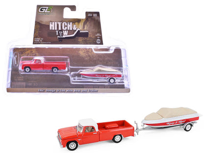 1967 Dodge D-100 Pickup Truck Red with White Top with Boat and Trailer "Hitch & Tow" Series 33 1/64 Diecast Model Cars by Greenlight