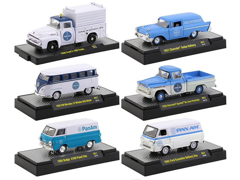 "Auto Trucks" Set of 6 pieces Release 57 "Pan American World Airways" (Pan Am) IN DISPLAY CASES 1/64 Diecast Model Cars by M2 Machines-DiecastModeler.com