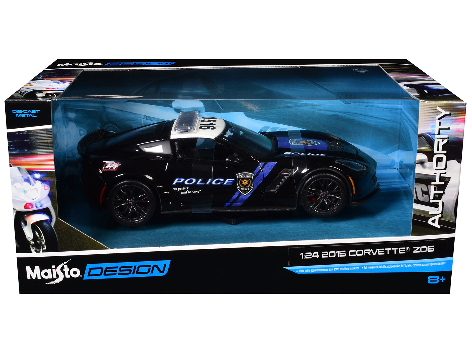 2015 Chevrolet Corvette Z06 "Police" Black with Blue Stripes and White Top "Maisto Design Authority" Series 1/24 Diecast Model Car by Maisto-DiecastModeler.com