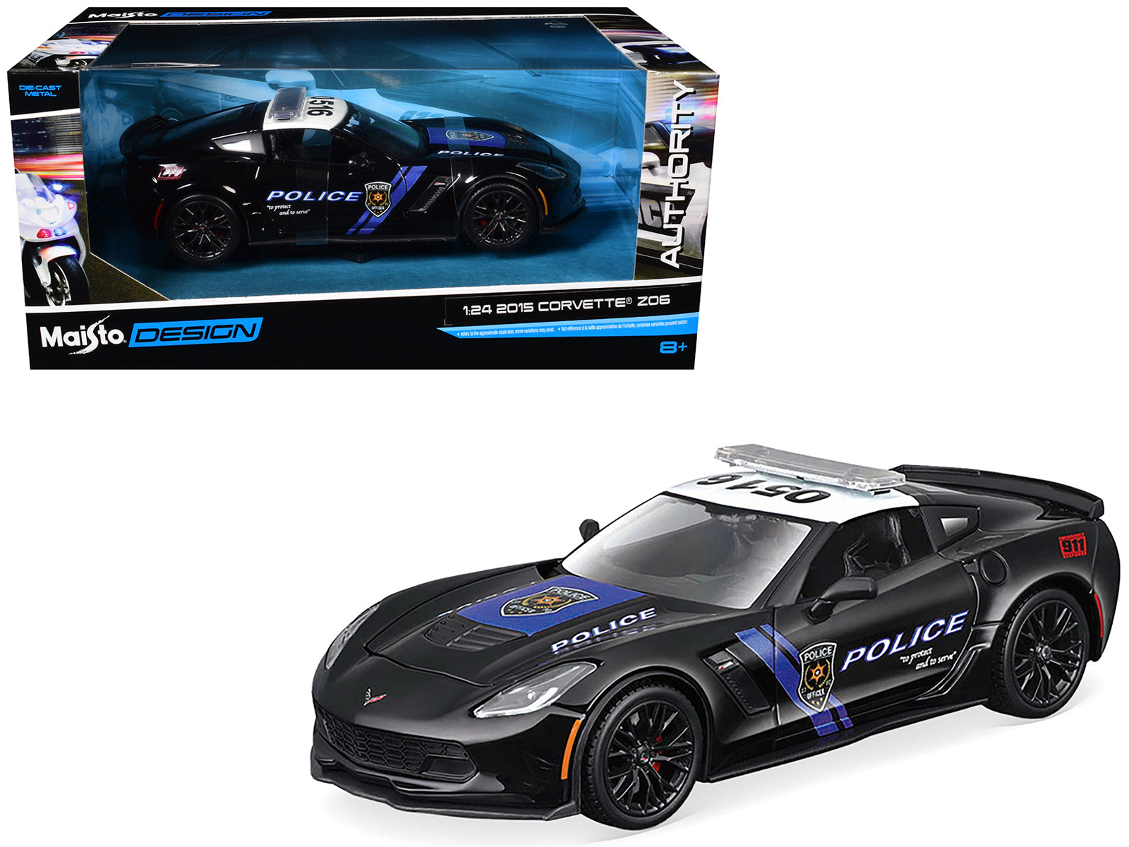 2015 Chevrolet Corvette Z06 "Police" Black with Blue Stripes and White Top "Maisto Design Authority" Series 1/24 Diecast Model Car by Maisto-DiecastModeler.com