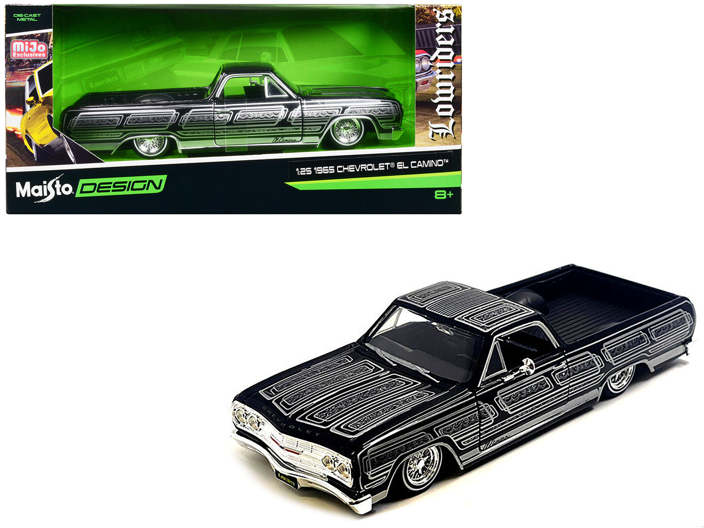 1965 Chevrolet El Camino Lowrider Black Metallic with Silver Graphics "Lowriders" Series 1/25 Diecast Model Car by Maisto-DiecastModeler.com