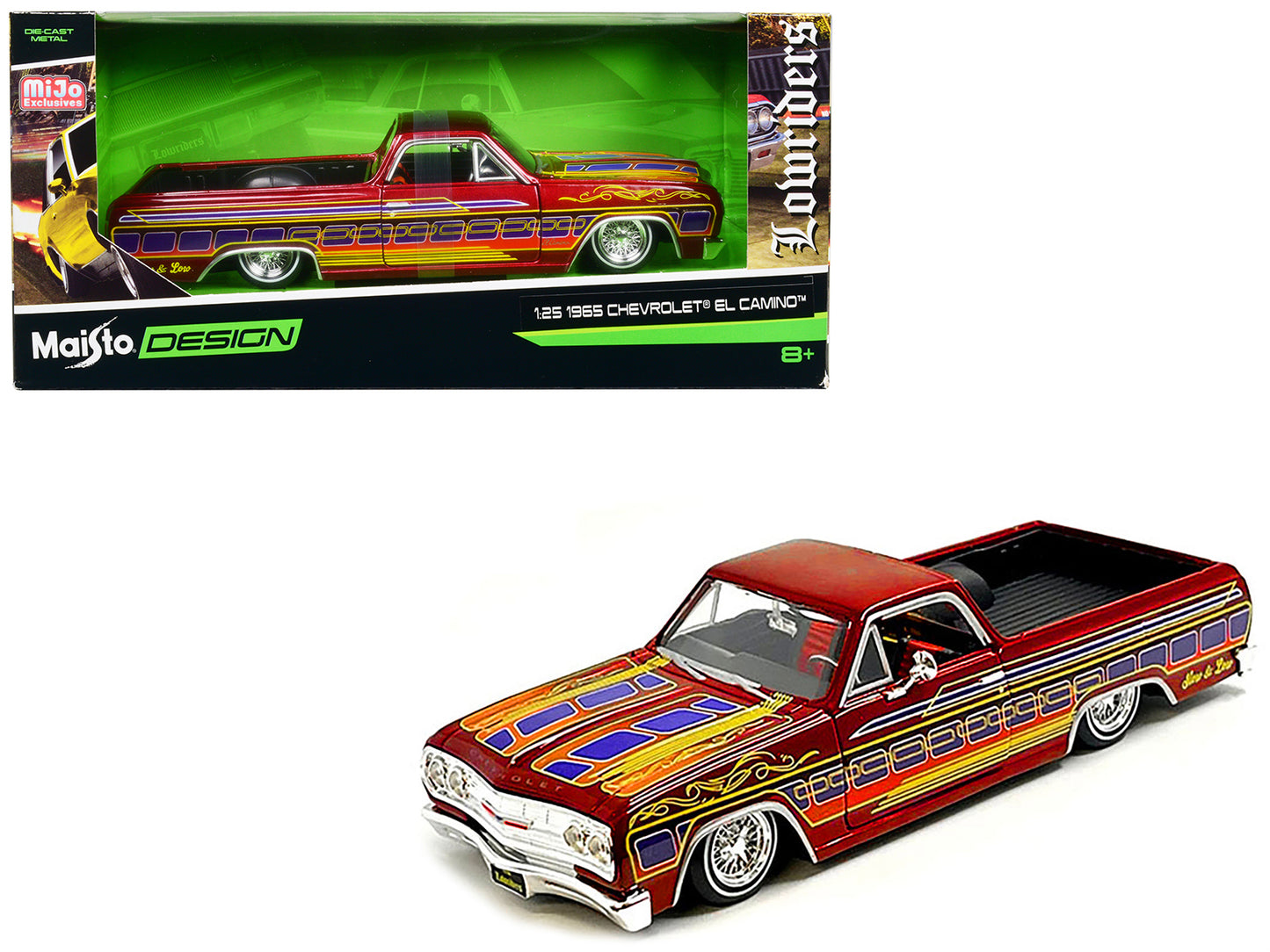 1965 Chevrolet El Camino Lowrider Candy Red Metallic with Graphics "Lowriders" Series 1/25 Diecast Model Car by Maisto-DiecastModeler.com