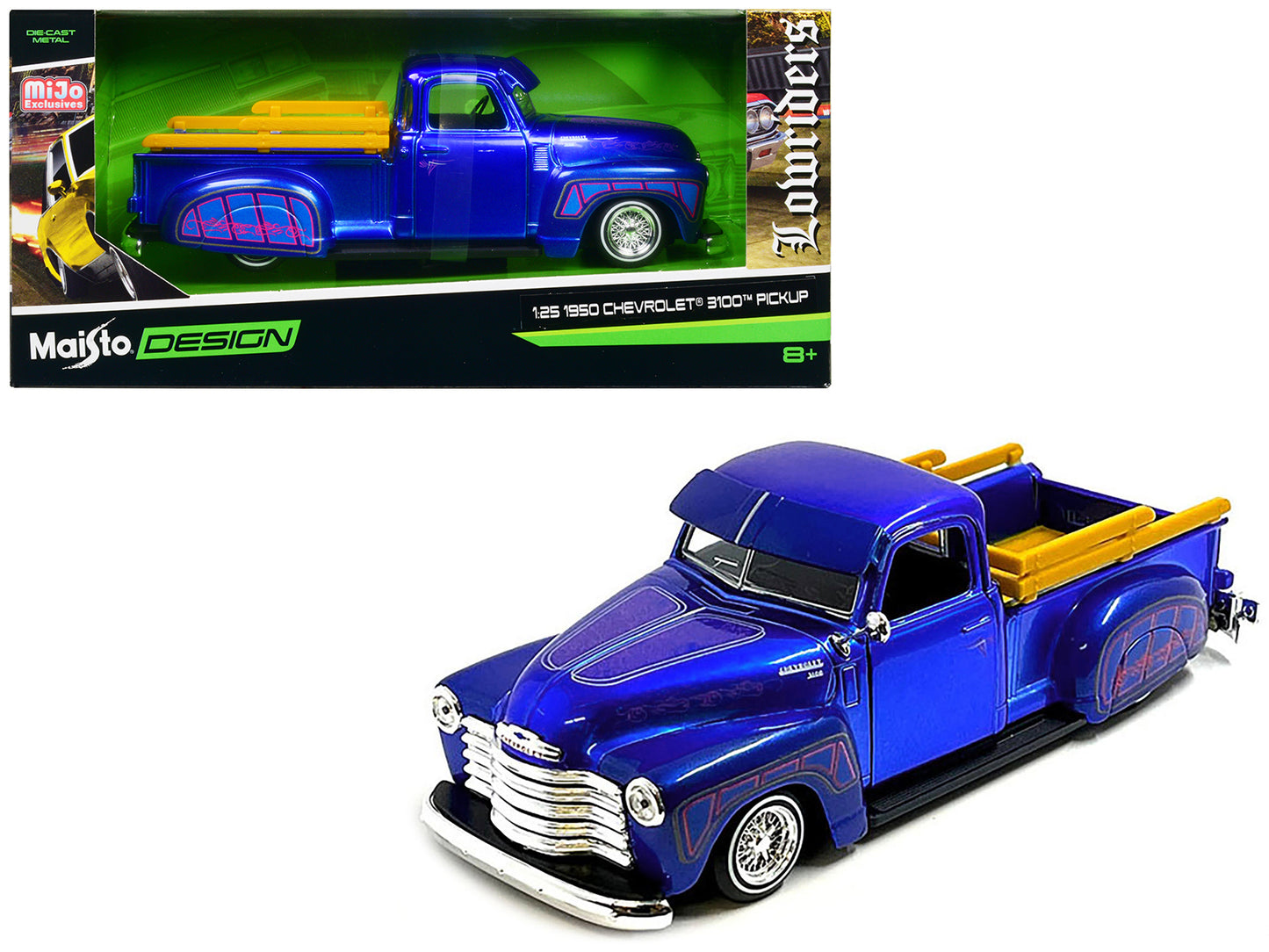 1950 Chevrolet 3100 Pickup Truck Lowrider Candy Blue with Graphics "Lowriders" Series 1/25 Diecast Model Car by Maisto-DiecastModeler.com