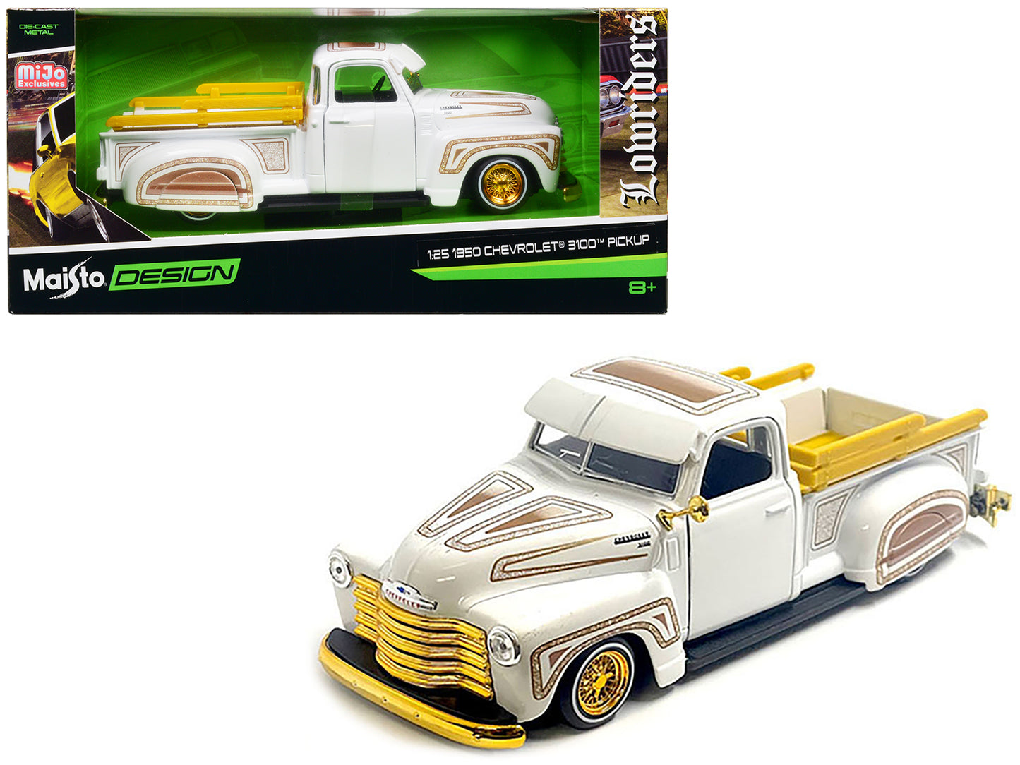 1950 Chevrolet 3100 Pickup Truck Lowrider White with Graphics and Gold Wheels "Lowriders" Series 1/25 Diecast Model Car by Maisto-DiecastModeler.com