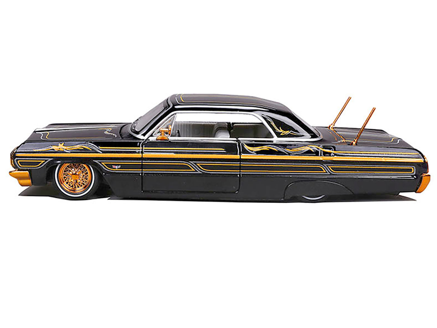 1964 Chevrolet Impala SS Lowrider Black Metallic with Gold Graphics and Gray Interior "Lowriders" "Maisto Design" Series 1/26 Diecast Model Car by Maisto