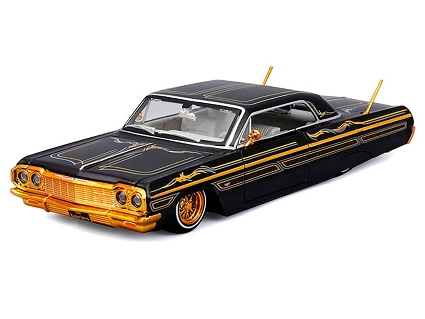 1964 Chevrolet Impala SS Lowrider Black Metallic with Gold Graphics and Gray Interior "Lowriders" "Maisto Design" Series 1/26 Diecast Model Car by Maisto