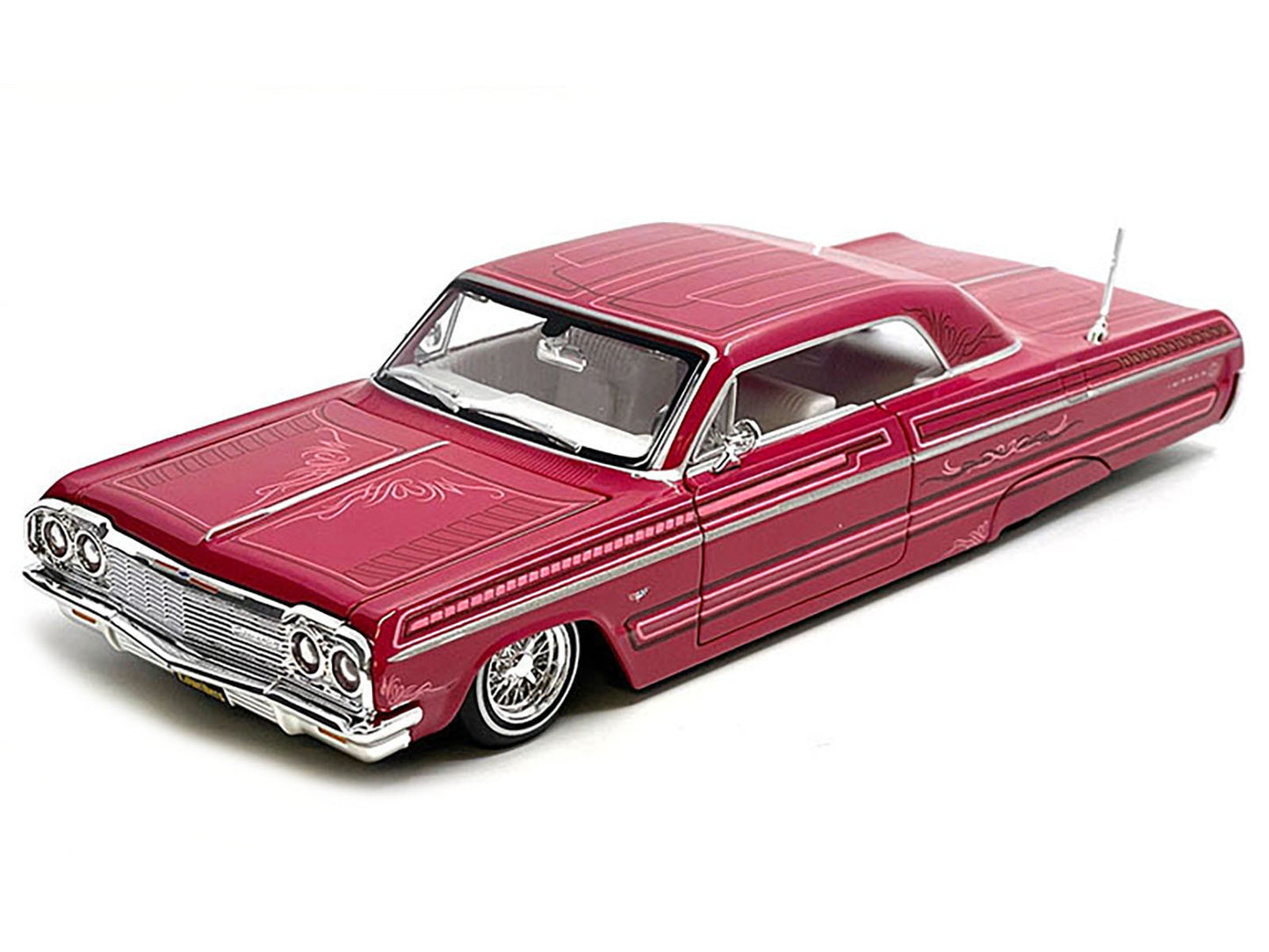 1964 Chevrolet Impala SS Lowrider Pink with Graphics and White Interior "Lowriders" "Maisto Design" Series 1/26 Diecast Model Car by Maisto
