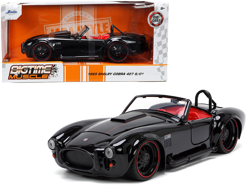 1965 Shelby Cobra 427 S/C Black with Matt Black and Red Stripes and Red Interior "Bigtime Muscle" Series 1/24 Diecast Model Car by Jada-DiecastModeler.com