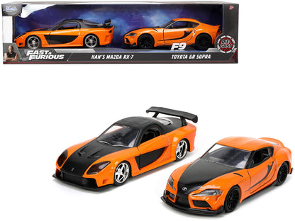 Han's Mazda RX-7 Orange Metallic and Matt Black and Toyota GR Supra Orange Metallic with Black Hood Set of 2 pieces "Fast & Furious" Series 1/32 Diecast Model Cars by Jada-DiecastModeler.com