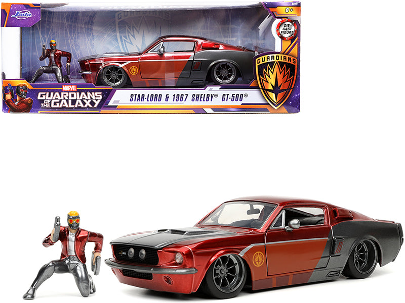1967 Ford Mustang Shelby GT-500 Red Metallic and Gray Metallic with Star-Lord Diecast Figurine "Guardians of the Galaxy" "Marvel" Series 1/24 Diecast Model Car by Jada-DiecastModeler.com
