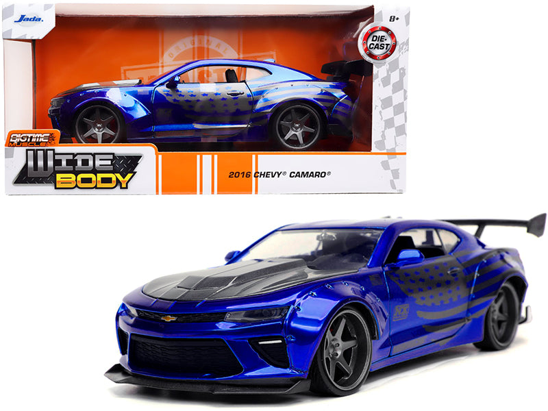 2016 Chevrolet Camaro Widebody Candy Blue with Gray Metallic Hood and American Flag Graphics "Bigtime Muscle" Series 1/24 Diecast Model Car by Jada-DiecastModeler.com