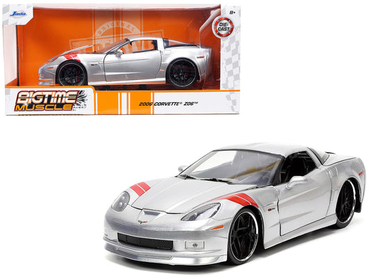 2006 Chevrolet Corvette Z06 Silver Metallic with Red Stripes "Bigtime Muscle" Series 1/24 Diecast Model Car by Jada-DiecastModeler.com
