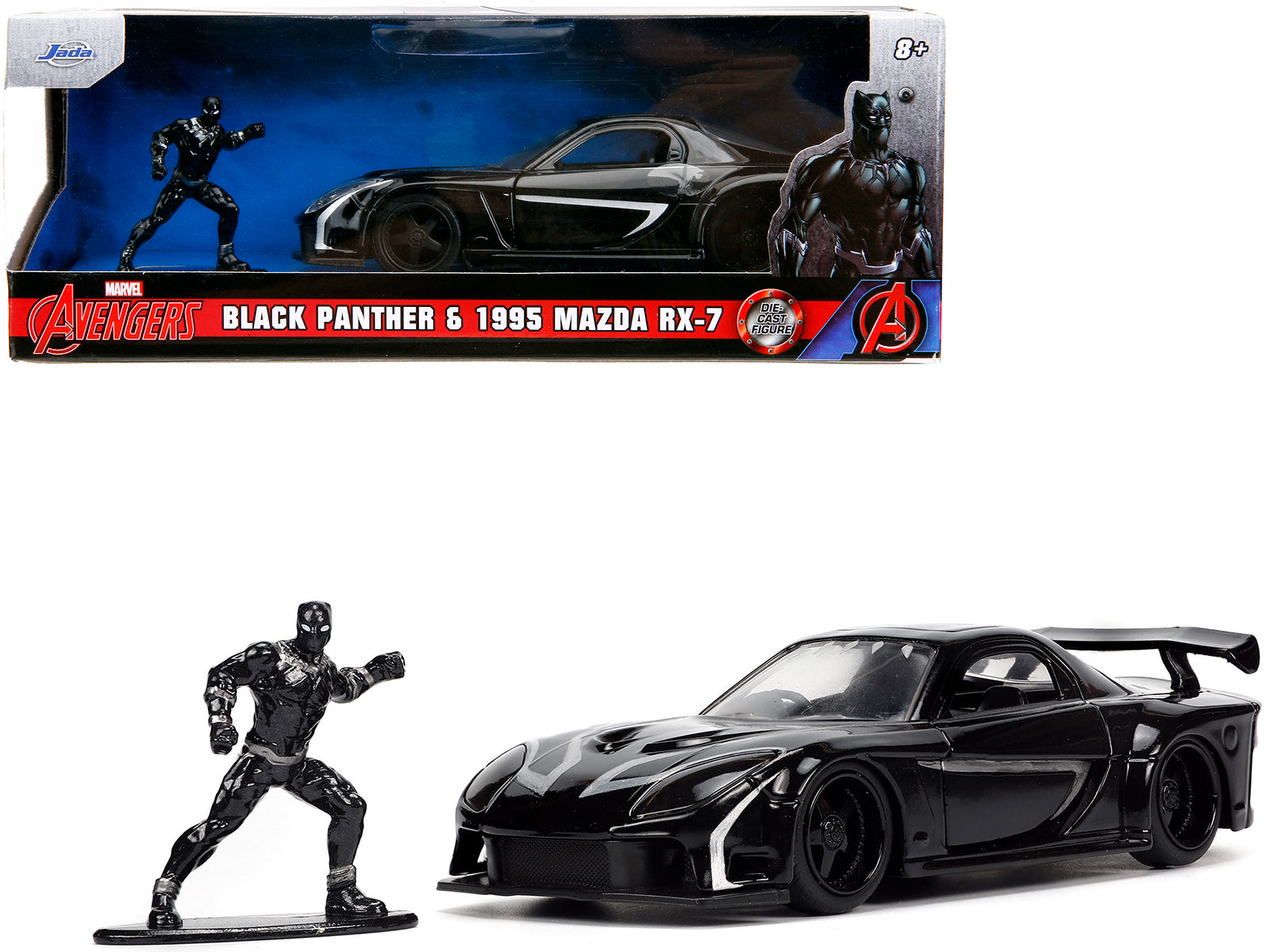 1995 Mazda RX-7 RHD (Right Hand Drive) Black and Black Panther Diecast Figure "The Avengers" "Hollywood Rides" Series 1/32 Diecast Model Car by Jada-DiecastModeler.com