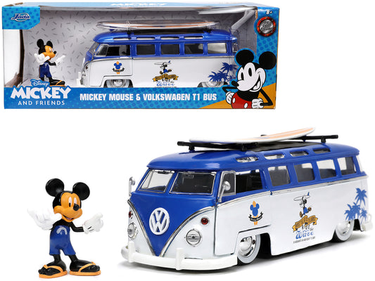 Volkswagen T1 Bus Blue and White with Graphics "Nostalgic Islands Ride the Wave" and Mickey Mouse Diecast Figure and Surfboard "Disney's Mickey and Friends" "Hollywood Rides" Series 1/24 Diecast Model Car by Jada-DiecastModeler.com