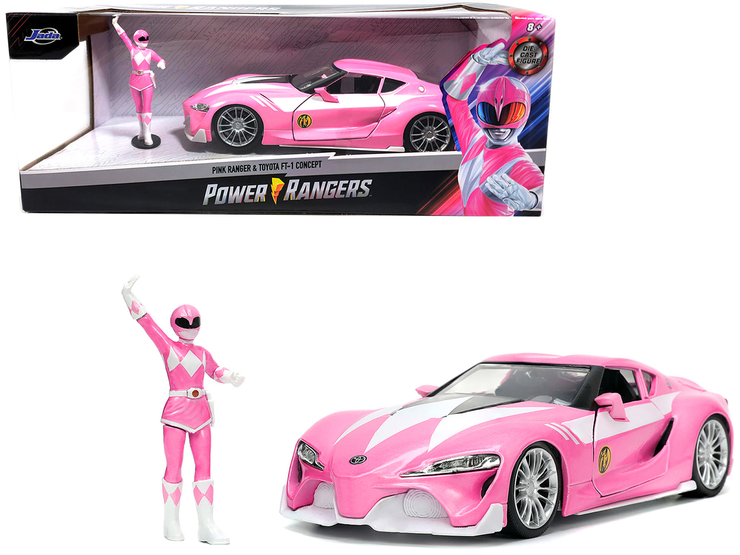 Toyota FT-1 Concept Pink Metallic and Pink Ranger Diecast Figurine "Power Rangers" "Hollywood Rides" Series 1/24 Diecast Model Car by Jada-DiecastModeler.com