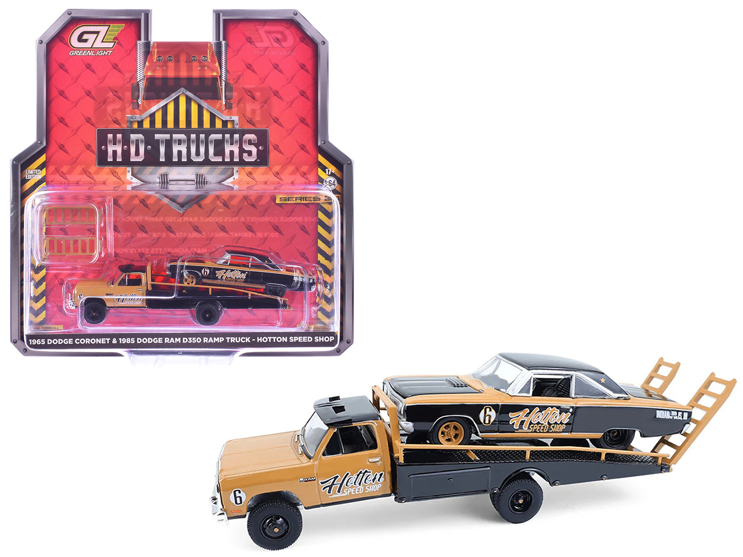 1985 Dodge Ram D350 Ramp Truck and 1965 Dodge Coronet "Hotton Speed Shop" Brown and Black "H.D. Trucks" Series 26 1/64 Diecast Model Cars by Greenlight