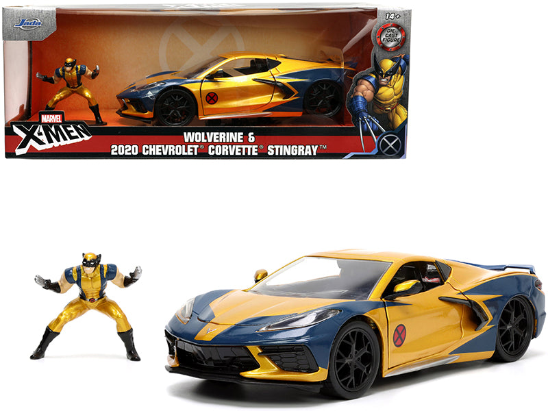 2020 Chevrolet Corvette C8 Stingray Gold Metallic and Dark Blue and Wolverine Diecast Figurine "X-Men" "Marvel" Series "Hollywood Rides" 1/24 Diecast Model Car by Jada-DiecastModeler.com