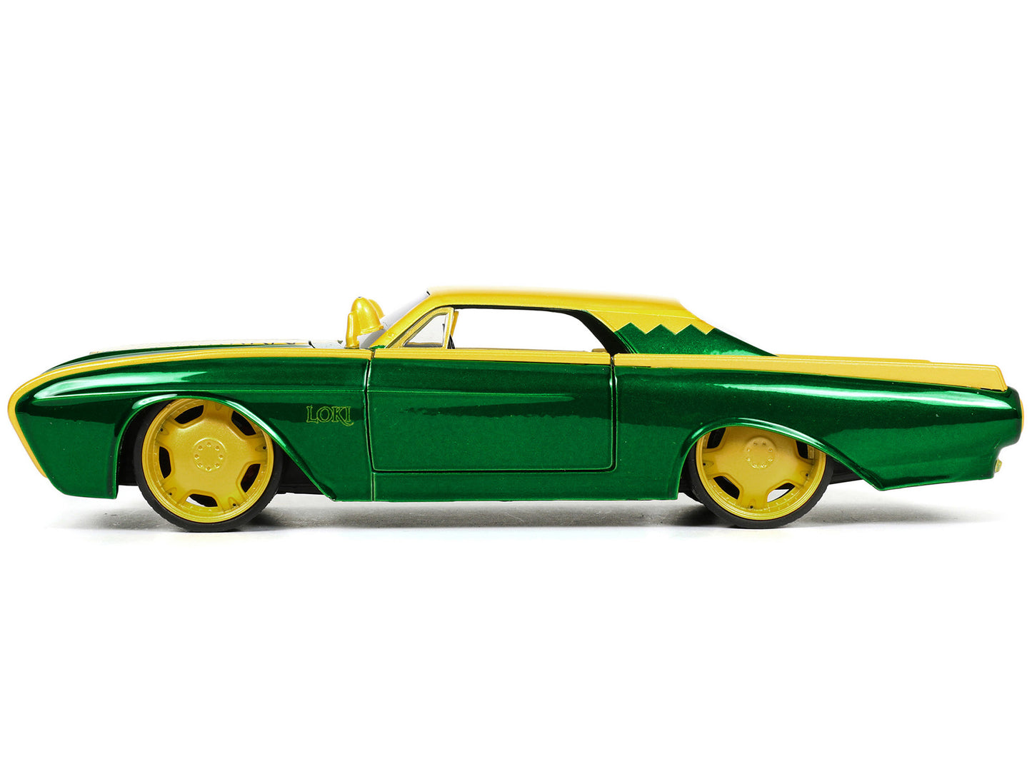 1963 Ford Thunderbird Green and Yellow Metallic with Hood Graphics and Loki Diecast Figure "Loki" "Marvel" Series 1/24 Diecast Model Car by Jada-DiecastModeler.com