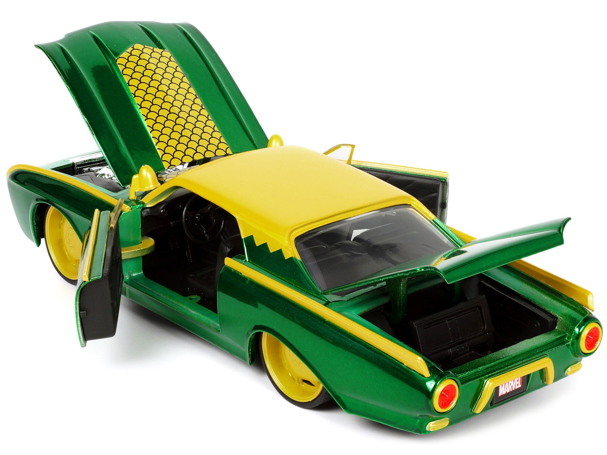 1963 Ford Thunderbird Green and Yellow Metallic with Hood Graphics and Loki Diecast Figure "Loki" "Marvel" Series 1/24 Diecast Model Car by Jada-DiecastModeler.com