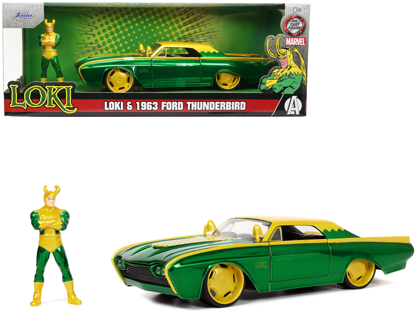 1963 Ford Thunderbird Green and Yellow Metallic with Hood Graphics and Loki Diecast Figure "Loki" "Marvel" Series 1/24 Diecast Model Car by Jada-DiecastModeler.com