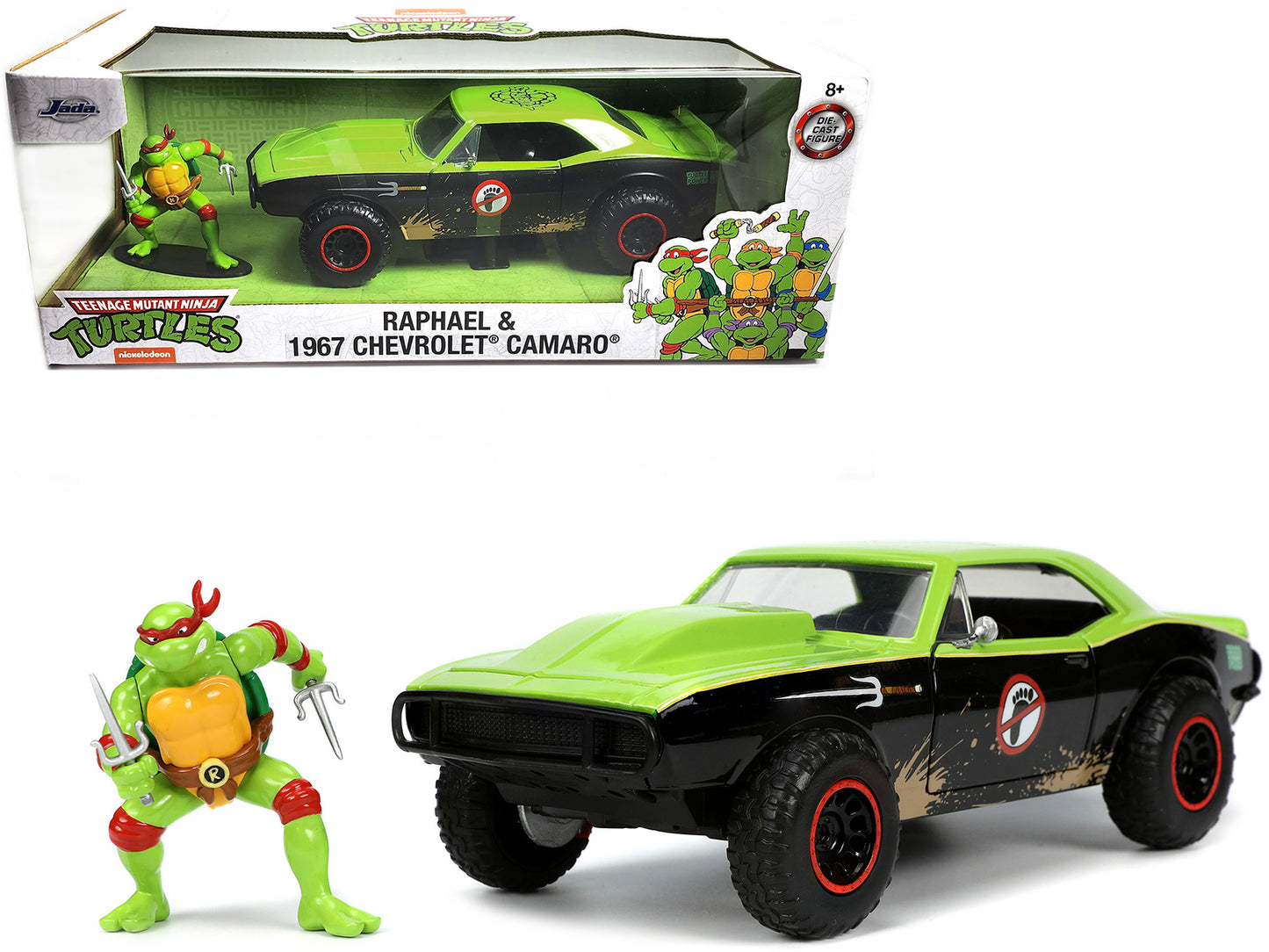 1967 Chevrolet Camaro Offroad Bright Green and Matt Black (Dirty Version) and Raphael Diecast Figure "Teenage Mutant Ninja Turtles" "Hollywood Rides" Series 1/24 Diecast Model Car by Jada-DiecastModeler.com