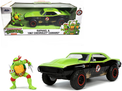 1967 Chevrolet Camaro Offroad Bright Green and Matt Black (Dirty Version) and Raphael Diecast Figure "Teenage Mutant Ninja Turtles" "Hollywood Rides" Series 1/24 Diecast Model Car by Jada-DiecastModeler.com