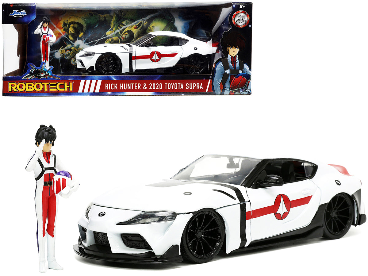 2020 Toyota Supra White and Rick Hunter Diecast Figurine "Robotech" "Hollywood Rides" Series 1/24 Diecast Model Car by Jada-DiecastModeler.com