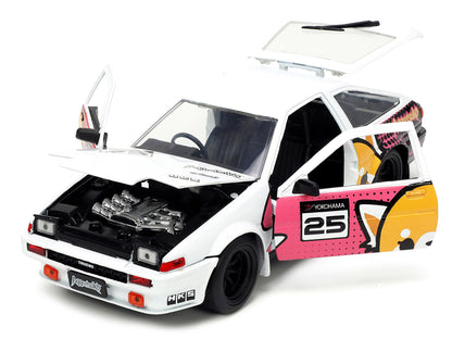 1986 Toyota Trueno (AE86) RHD (Right Hand Drive) #25 White with Graphics and Aggretsuko Diecast Figure "Aggretsuko" "Anime Hollywood Rides" Series 1/24 Diecast Model Car by Jada