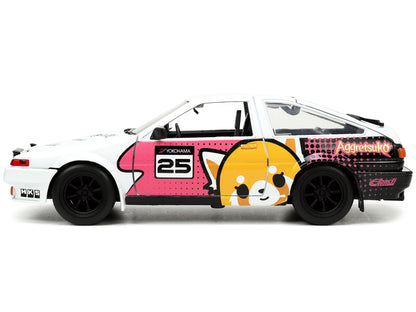 1986 Toyota Trueno (AE86) RHD (Right Hand Drive) #25 White with Graphics and Aggretsuko Diecast Figure "Aggretsuko" "Anime Hollywood Rides" Series 1/24 Diecast Model Car by Jada