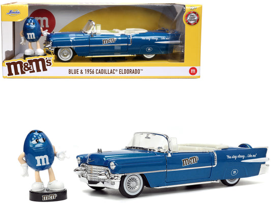 1956 Cadillac Eldorado Convertible Blue Metallic with Cream Interior "Stay Classy" and Blue M&M Diecast Figure "M&M's" "Hollywood Rides" Series 1/24 Diecast Model Car by Jada-DiecastModeler.com