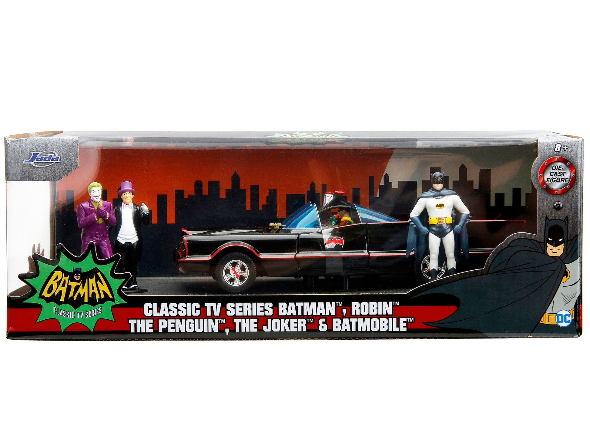 1966 Classic Batmobile with Diecast Batman The Joker The Penguin and Plastic Robin Sitting Inside The Car "Batman" TV Series (1966) "Hollywood Rides" Series 1/24 Diecast Model Car by Jada-DiecastModeler.com